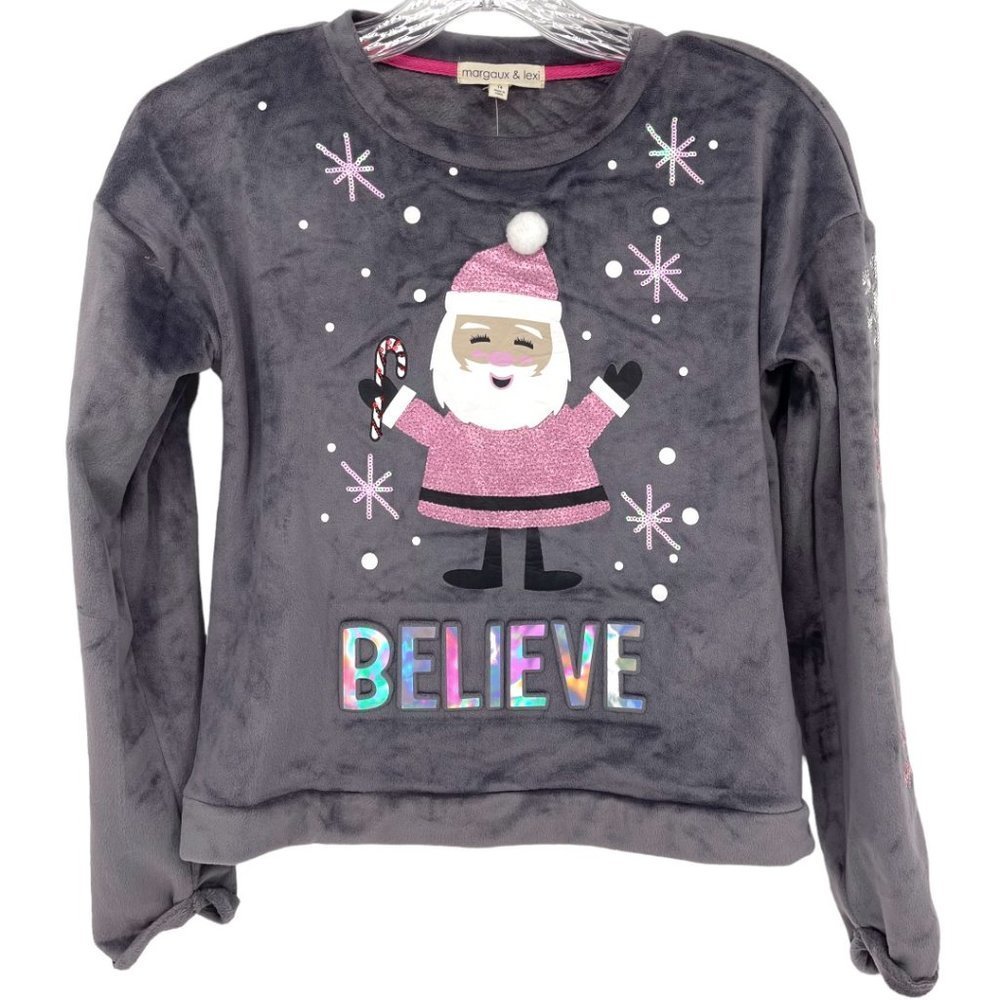 Margaux & Lexi Girls Gray Velour Believe Christmas Top Sz L (14)